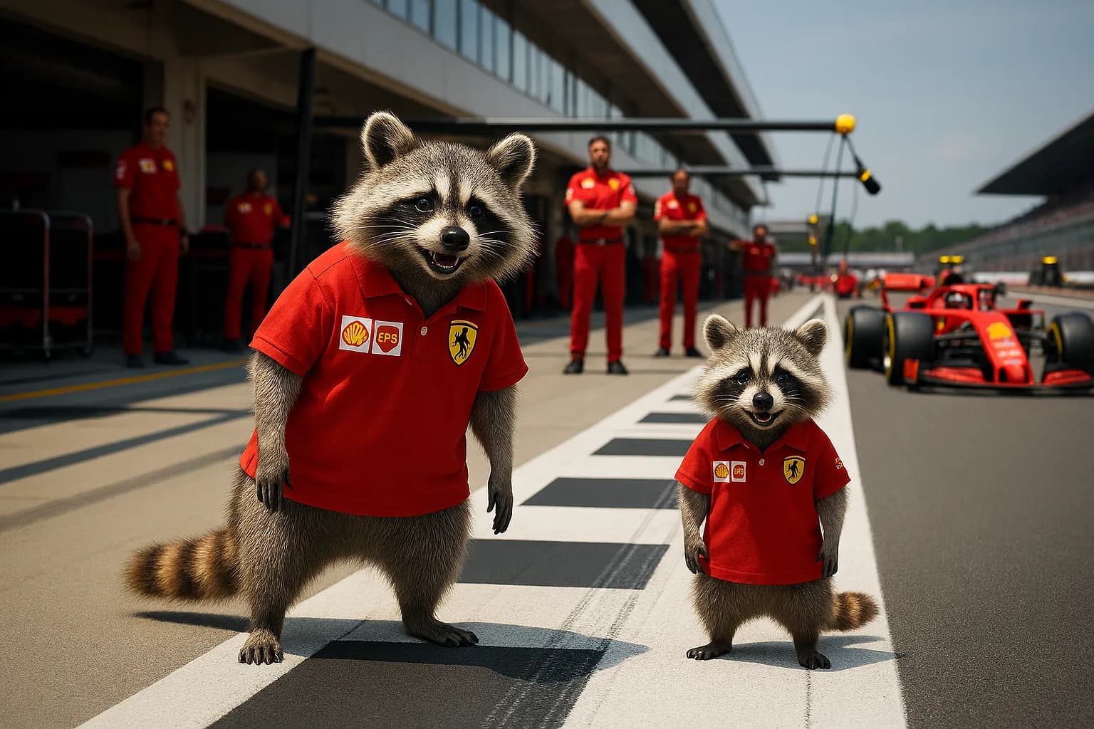 Dos mapaches con polos rojos de carreras en la zona de boxes de un circuito
